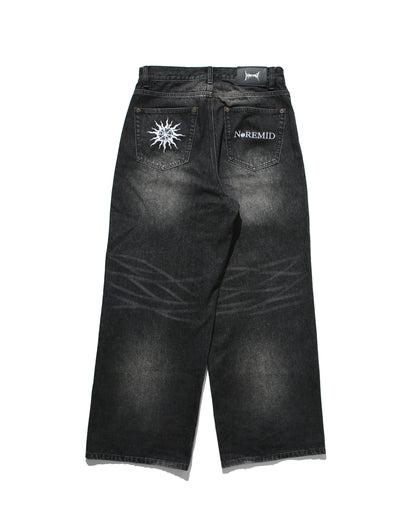 BTN FLY RIGID DENIM WIDE PANTS - BLACK FADE