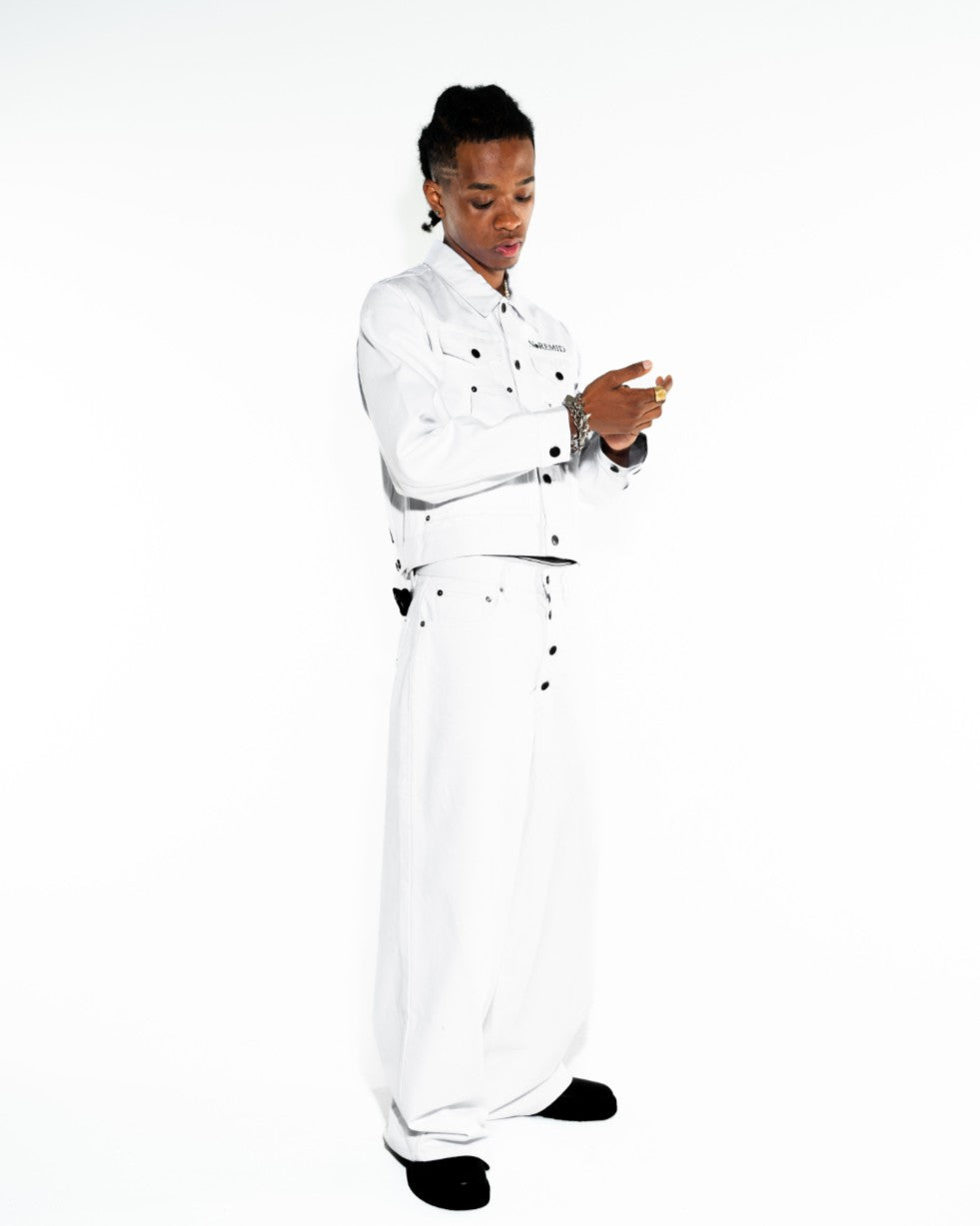 BTN FLY RIGID DENIM WIDE PANTS - WHITE