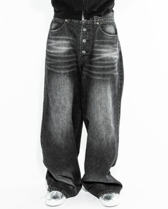 BTN FLY RIGID DENIM WIDE PANTS - BLACK FADE