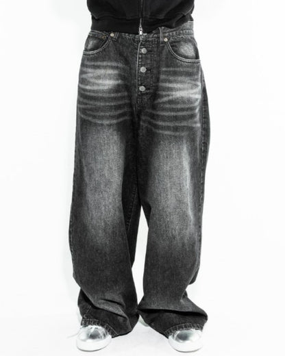BTN FLY RIGID DENIM WIDE PANTS - BLACK FADE
